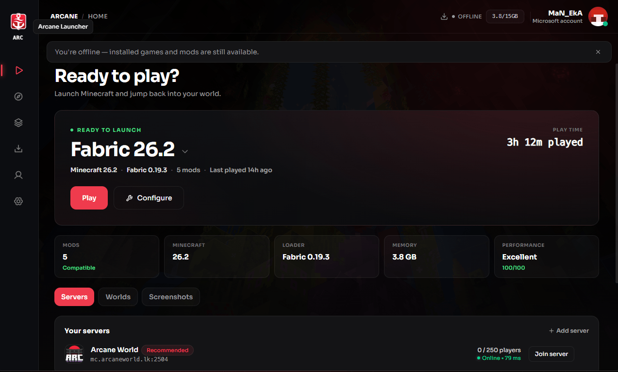 Arcane Launcher's home screen showing an instance ready to play, live server status, and a 100/100 performance score
