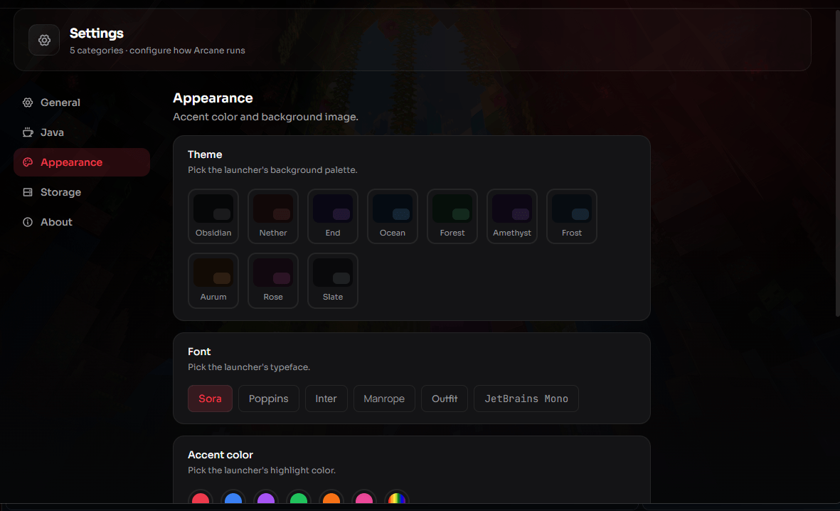 Arcane Launcher's appearance settings showing theme palette, font, and accent color pickers
