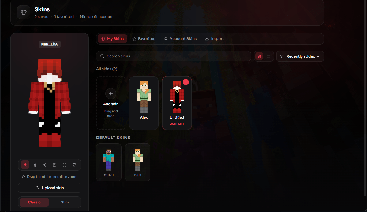 Arcane Launcher's skin studio showing a rotatable 3D character preview next to a saved skins list with a drag-and-drop upload option