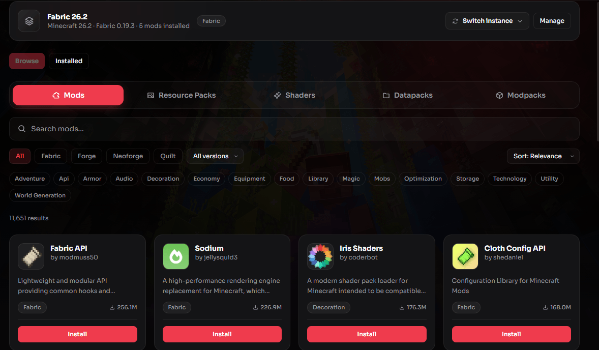 Arcane Launcher's mod browser showing search, loader and category filters, and one-click installs for mods like Sodium and Iris Shaders